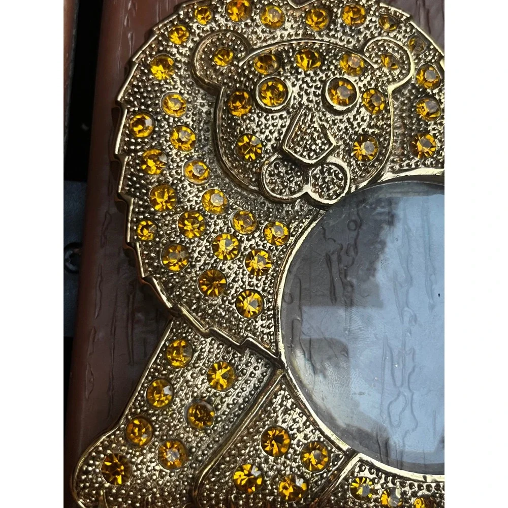 TWA Vintage Gold Tone Rhinestone Lion Picture Frame Amber Jeweled Small 4 Inch